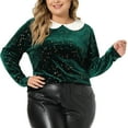 thumbnail image 1 of Unique Bargains Women's Plus Size Long Sleeve Peter Pan Collar Vintage Velvet Tops 3X Green, 1 of 6