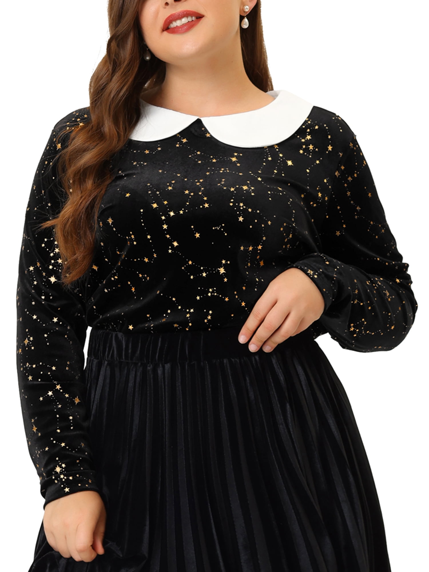 Unique Bargains Women's Plus Size Long Sleeve Peter Pan Collar Vintage Velvet Tops 4X Black
