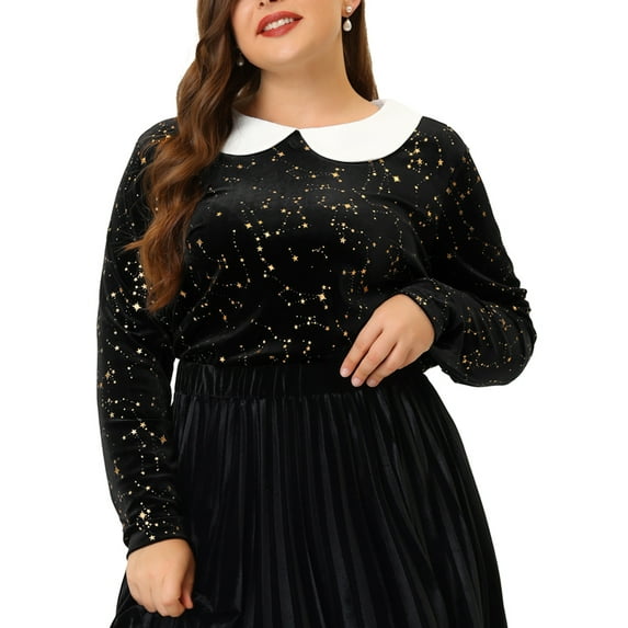 Unique Bargains Women's Plus Size Long Sleeve Peter Pan Collar Vintage Velvet Tops 4X Black