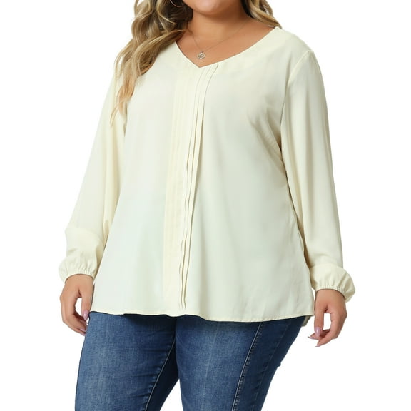 Unique Bargains Women's Plus Size Long Sleeve V Neck Chiffon Pleated Front Tops 1X Apricot