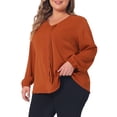 thumbnail image 1 of Unique Bargains Women's Plus Size Long Sleeve V Neck Chiffon Pleated Front Tops 1X Caramel, 1 of 6