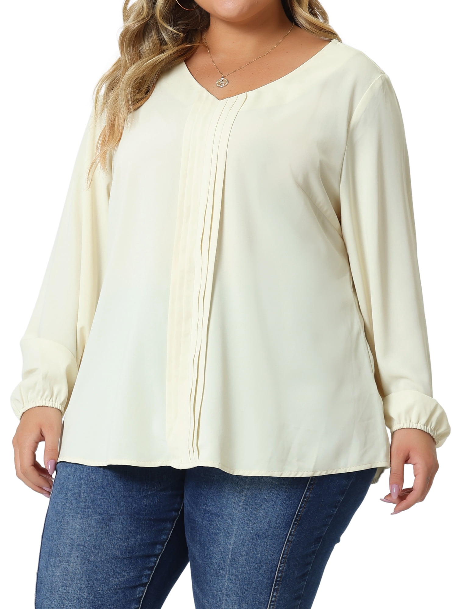 Unique Bargains Women's Plus Size Long Sleeve V Neck Chiffon Pleated Front Tops 2X Apricot