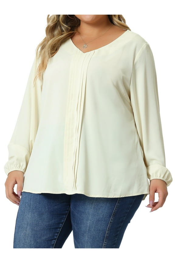 Women's Plus Size Long Sleeve V Neck Chiffon Pleated Front Tops 2X Apricot