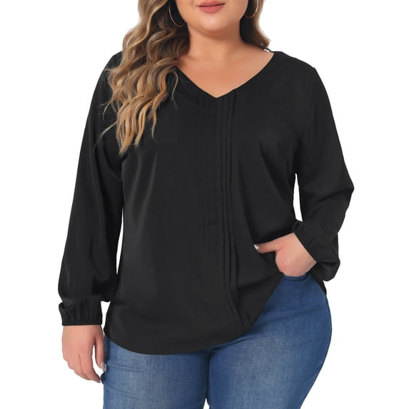 Unique Bargains Women's Plus Size Long Sleeve V Neck Chiffon Pleated Front Tops 2X Black