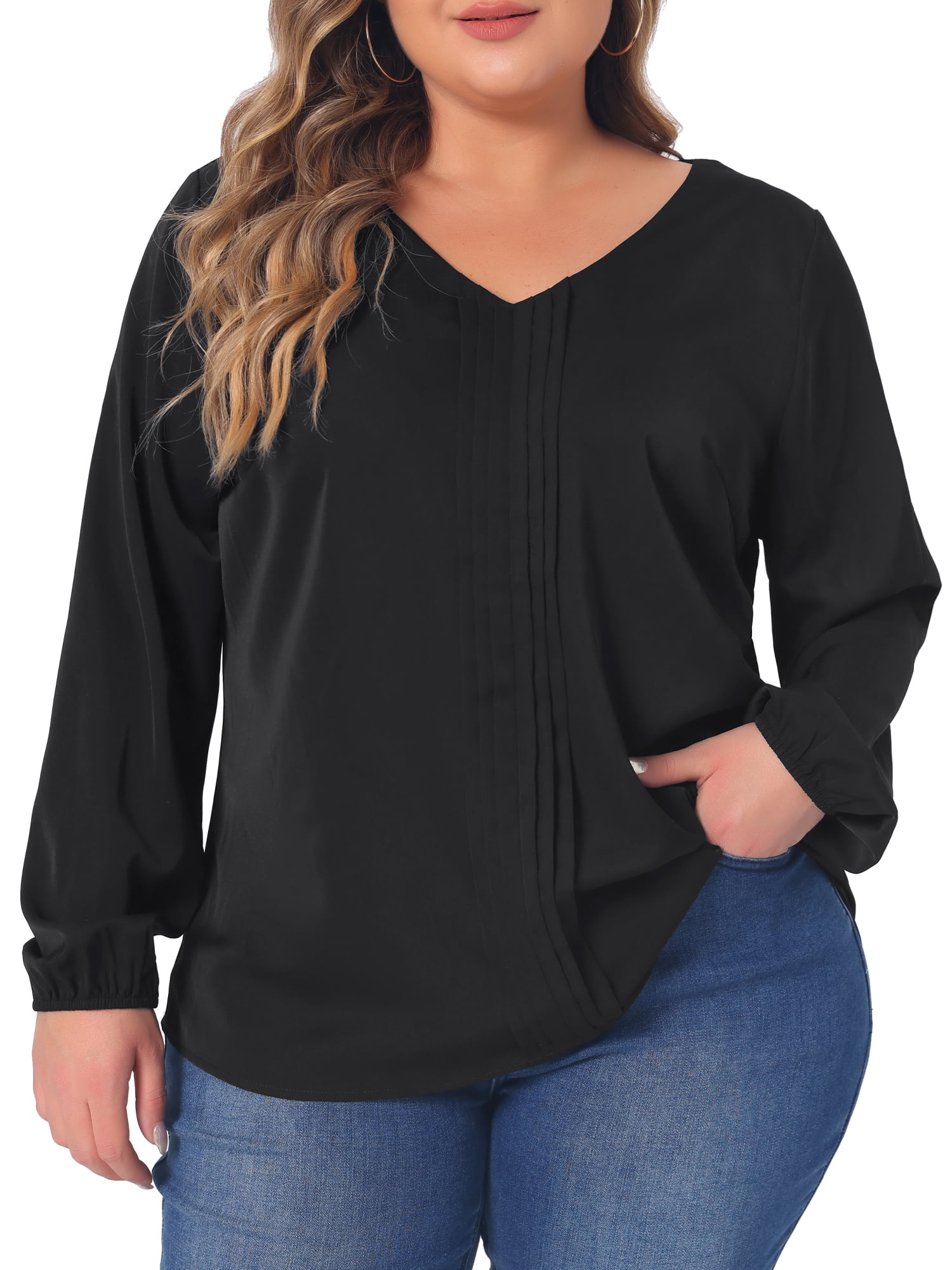 Unique Bargains Women's Plus Size Long Sleeve V Neck Chiffon Pleated Front Tops 4X Black