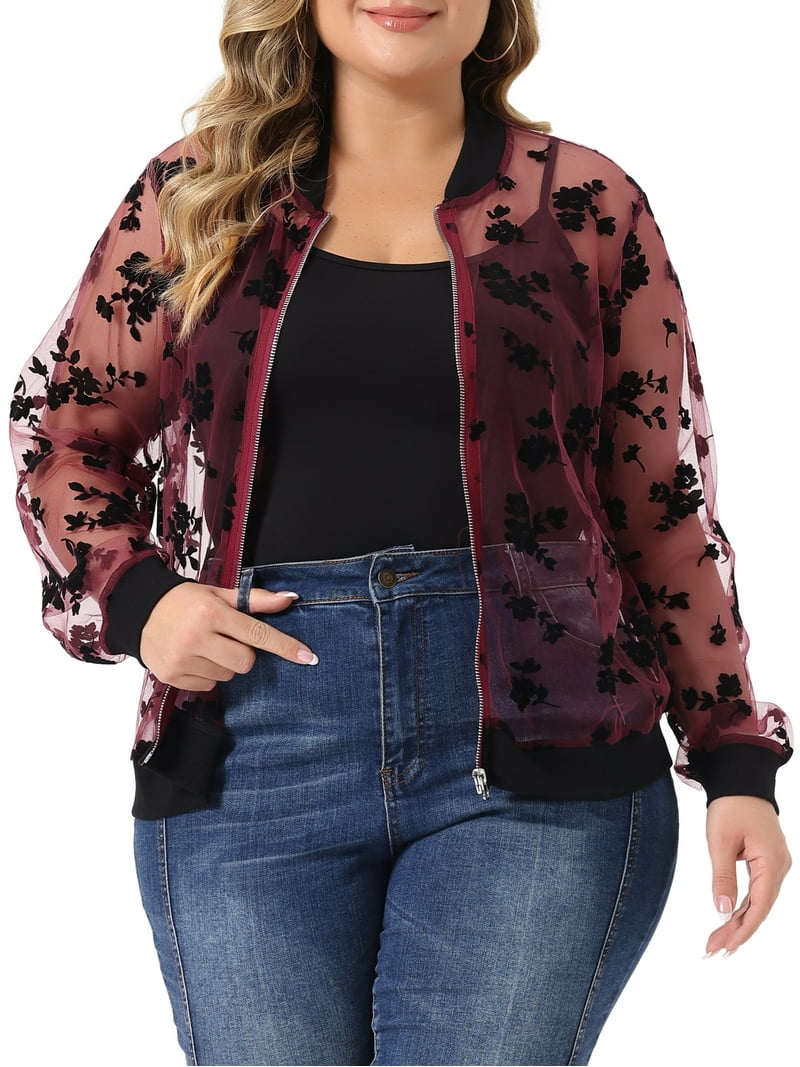 Unique Bargains Plus Size Burgundy Mesh Sheer Floral Lace