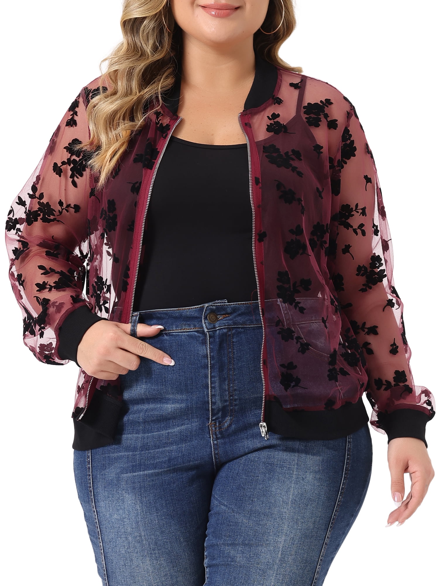 Unique Bargains Plus Size Burgundy Mesh Sheer Floral Lace Bomber