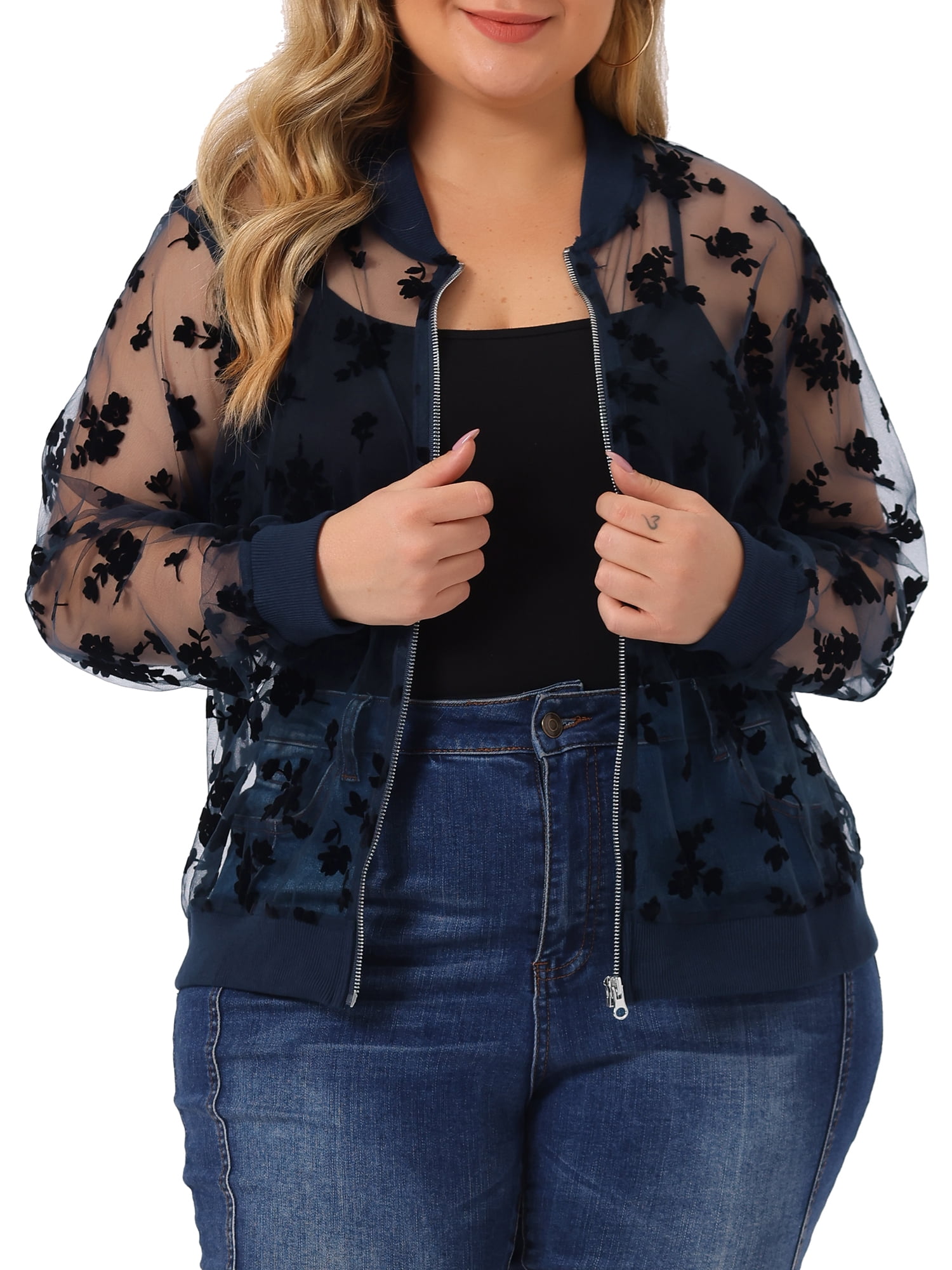 Unique Bargains Women s Plus Size Mesh Sheer Floral Lace Long Sleeve Bomber Jacket 1X Navy Blue Walmart