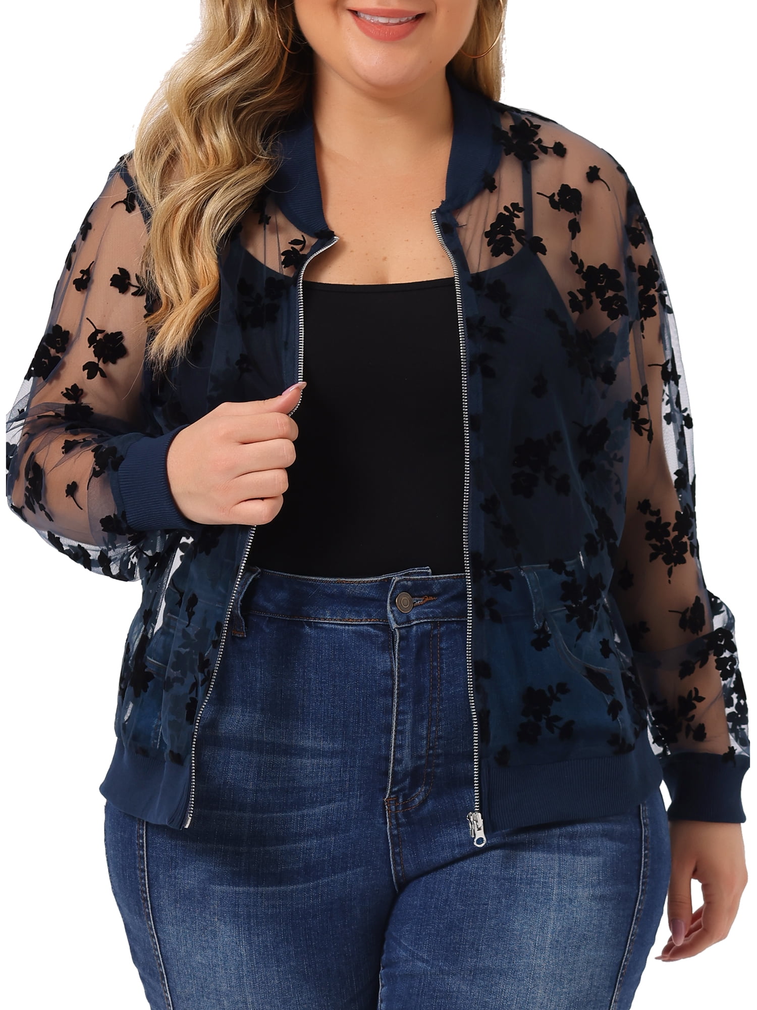 DARING DIVA Plus Size Mesh Sheer Floral Long Sleeve Bomber Jacket