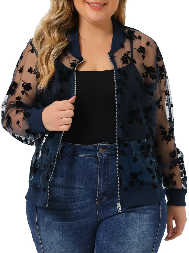 DARING DIVA Plus Size Mesh Sheer Floral Long Sleeve Bomber Jacket