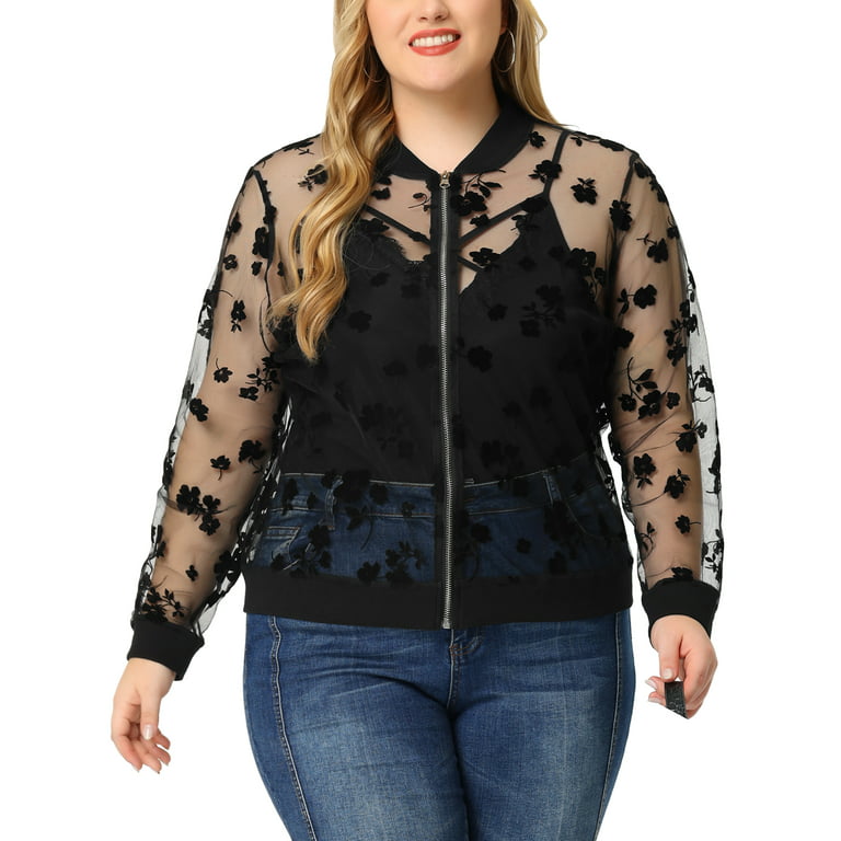 Unique Bargains Women's Plus Size Mesh Sheer Floral Lace Long Sleeve Bomber  Jacket