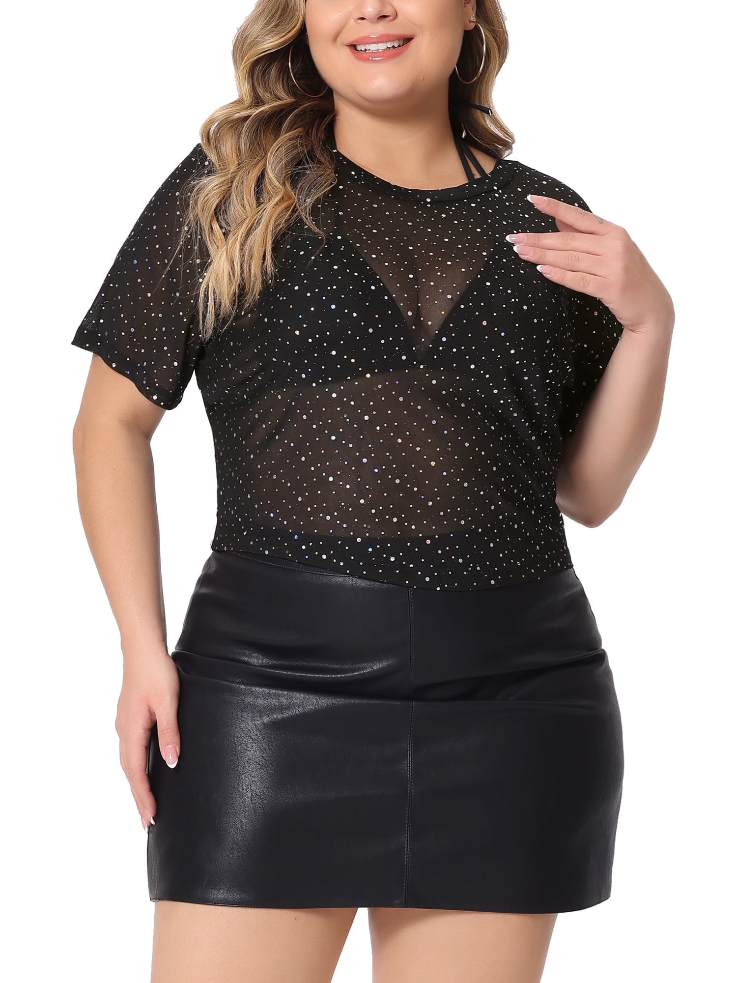 Unique Bargains Women's Plus Size Mesh Top Round Neck Short Sleeve Sheer Crop Tops 2X Black Dots Print
