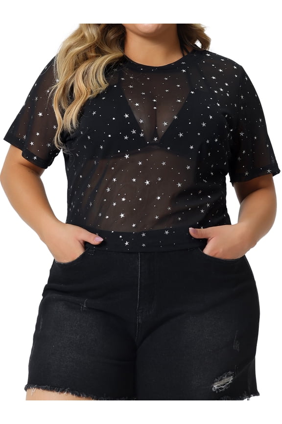 Women's Plus Size Mesh Top Round Neck Short Sleeve Sheer Crop Tops 2X Black