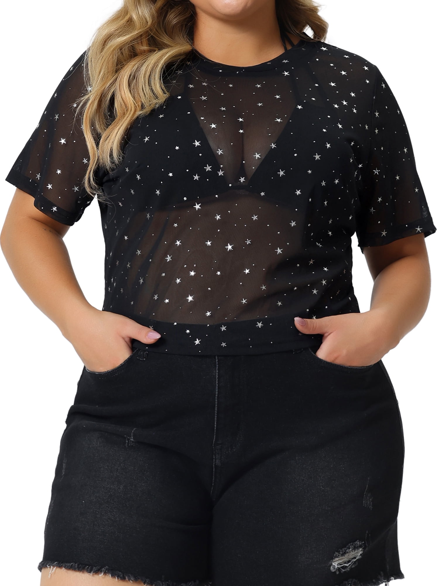 Unique Bargains Women's Plus Size Mesh Top Round Neck Short Unique Bargains Women's Plus Size Mesh Top Round Neck Short