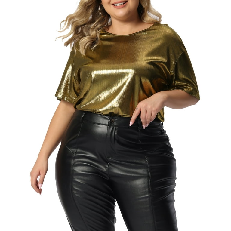 Unique Bargains Women's Plus Size Metallic Round Neck T-Shirt Blouses Tee  Tops 2X Gold