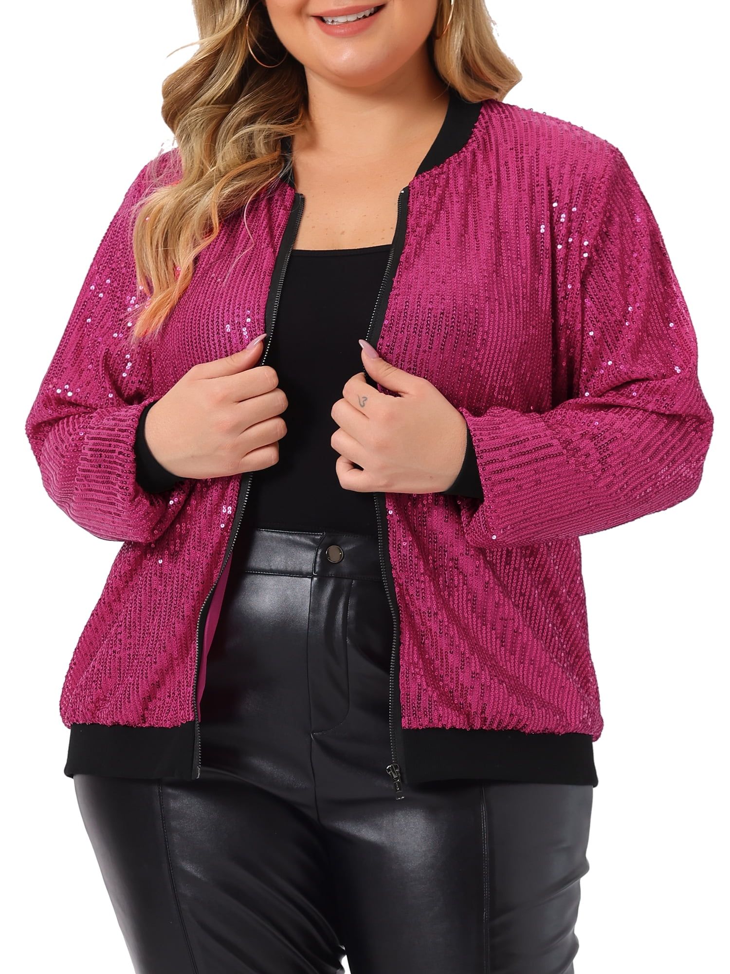 Unique Bargains Women's Plus Size Metallic Sequin Sparkle Zip Bomber Jacket, Size: 4XL, Pink