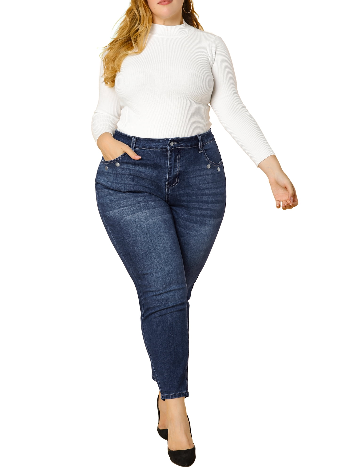 Women's Plus Size Denim Jeans Mid Rise Stretch Washed Skinny Casual Pants 3X Blue