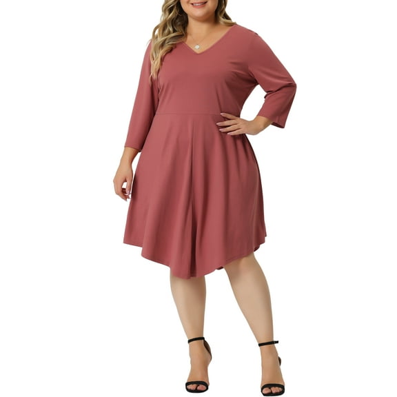 Unique Bargains Women's Plus Size Midi V Neck 3/4 Sleeve Swing Loose Dresses 4X Pink