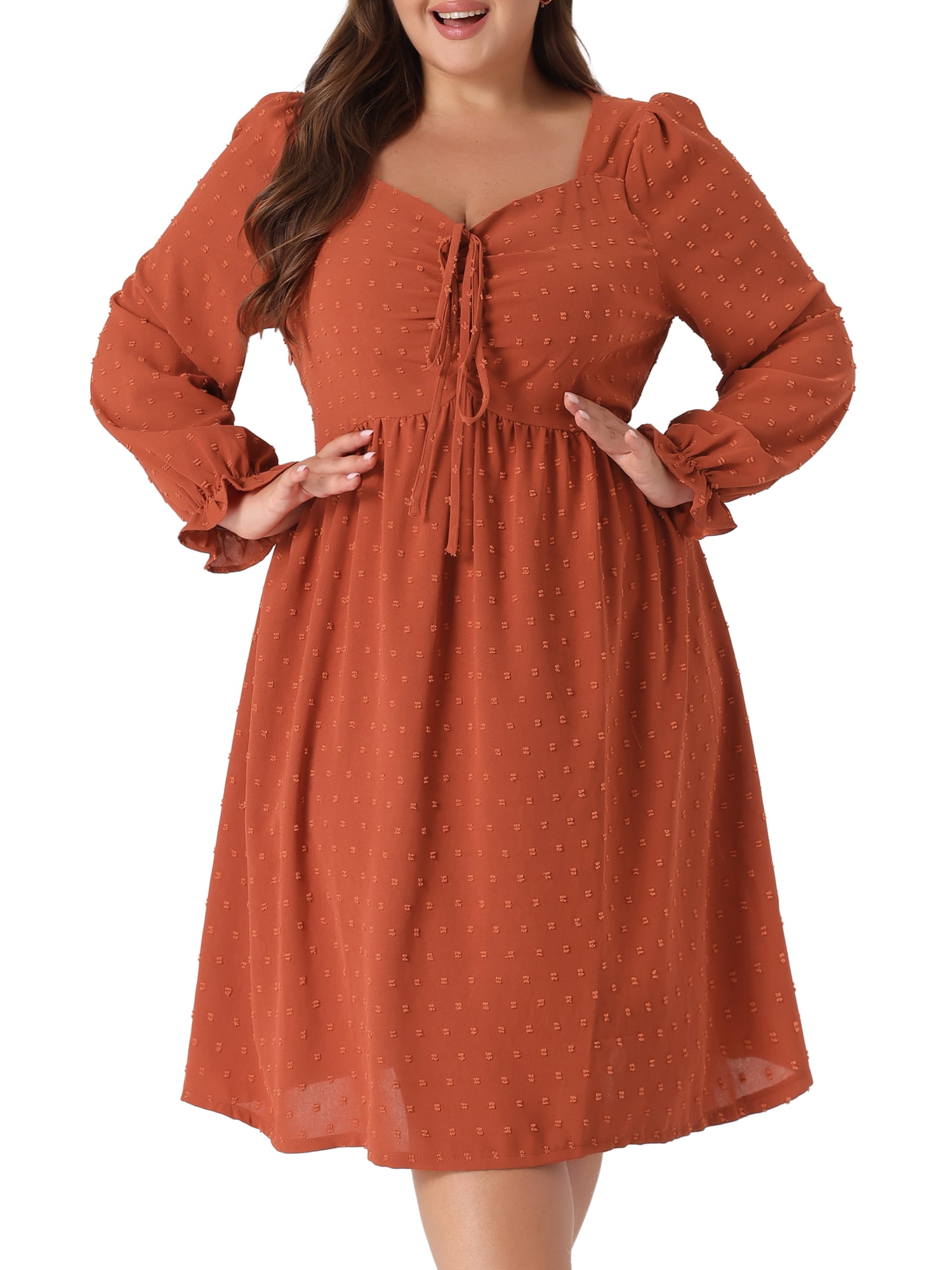 Unique Bargains Women's Plus Size Midi V Neck Tie Ruffle Babydoll Swiss Dots Boho Dress 4X Caramel