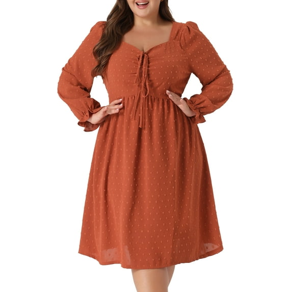 Unique Bargains Women's Plus Size Midi V Neck Tie Ruffle Babydoll Swiss Dots Boho Dress 4X Caramel