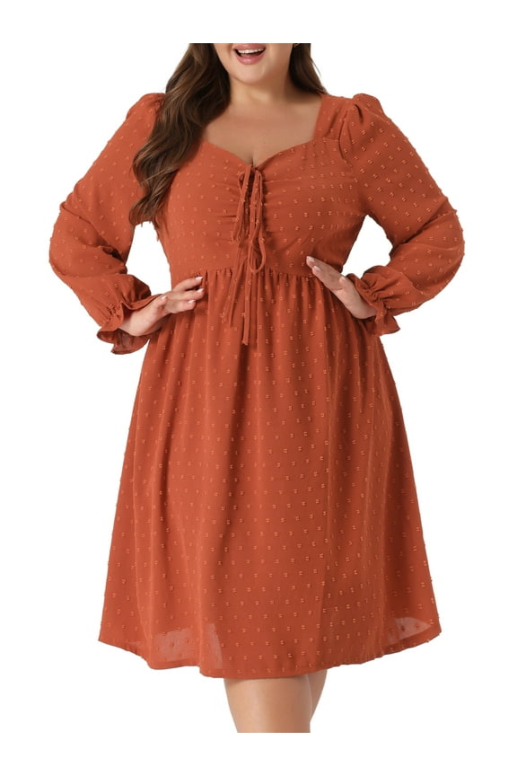 Women's Plus Size Midi V Neck Tie Ruffle Babydoll Swiss Dots Boho Dress 4X Caramel