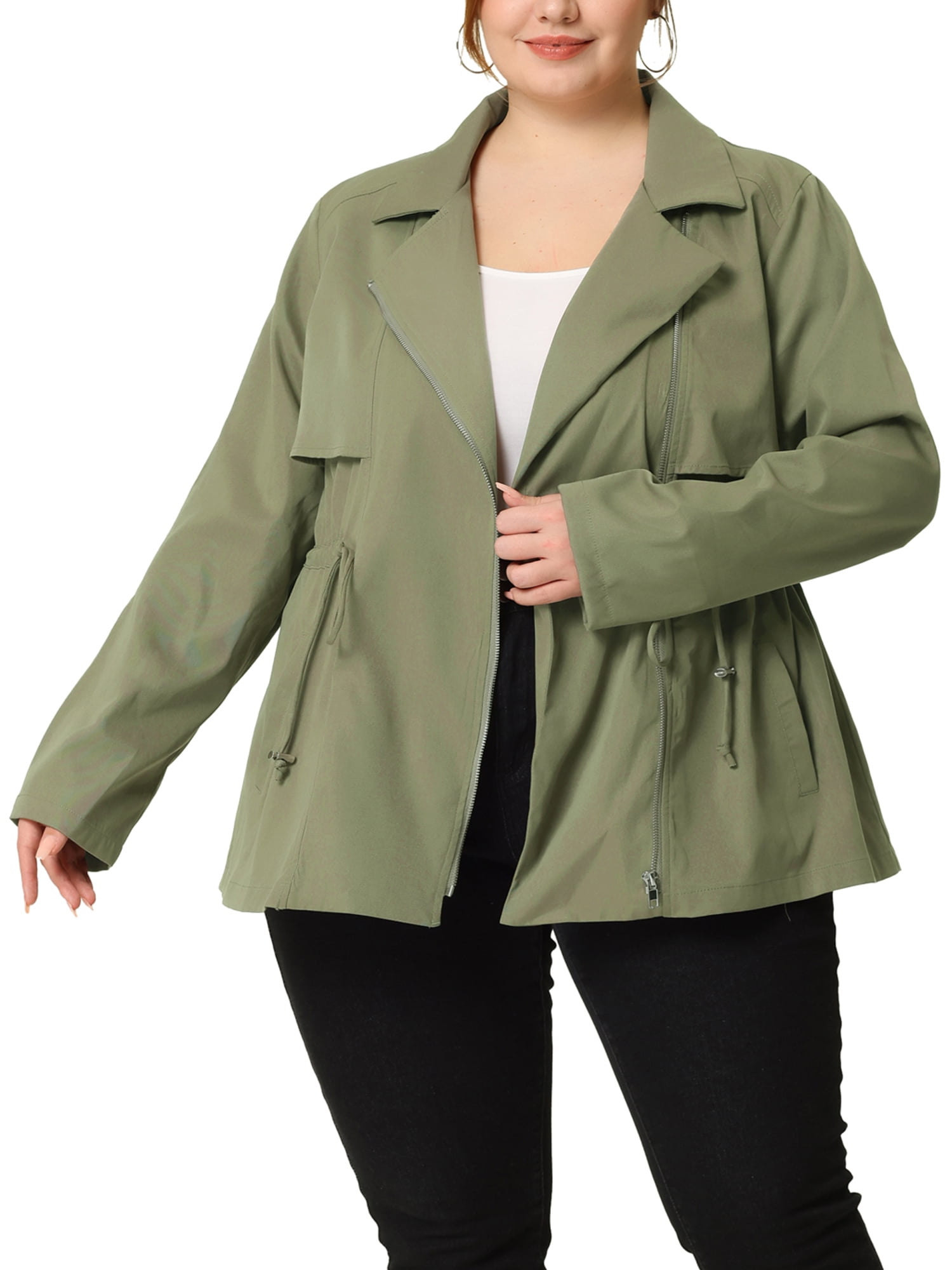 DARING DIVA Plus Size Moto Zipper Drawstring Waist Jacket 3X Green