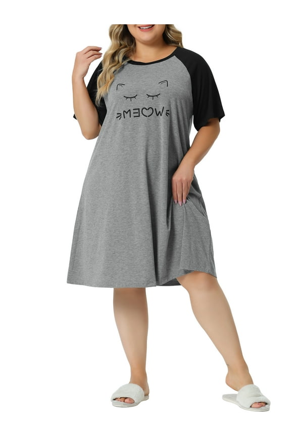 Women's Plus Size Nightgown Short Sleeve Graphic Sleepshirts Sleepwear 1X Gray