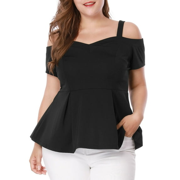Unique Bargains Women's Plus Size Off Shoulder Peplum Summer High Waist Top 2X Black