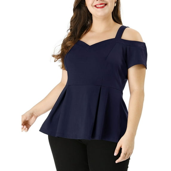 Unique Bargains Women's Plus Size Off Shoulder Peplum Summer High Waist Top 3X Blue