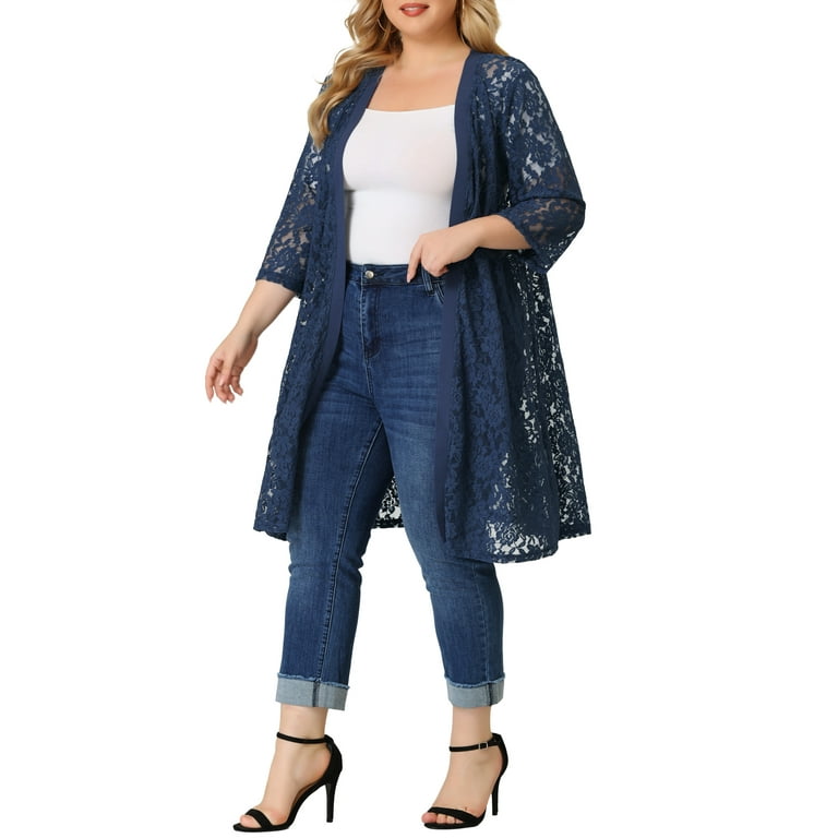 Unique Bargains Women s Plus Size Open Front 3 4 Sleeve Lace Mid length Cardigan 3X Navy