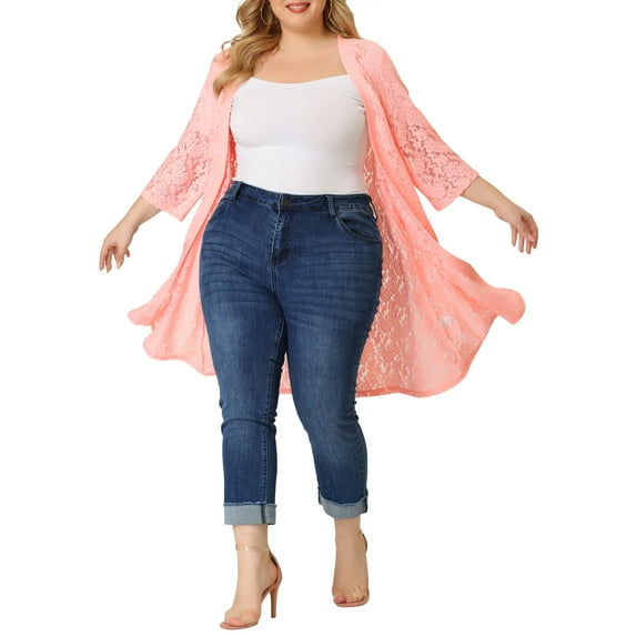 Unique Bargains Women's Plus Size Open Front 3/4 Sleeve Lace Mid-length Cardigan 4X Pink