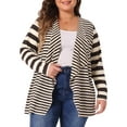 thumbnail image 1 of Unique Bargains Women's Plus Size Open Front Striped Mixed Cardigan 1X Brown, 1 of 6