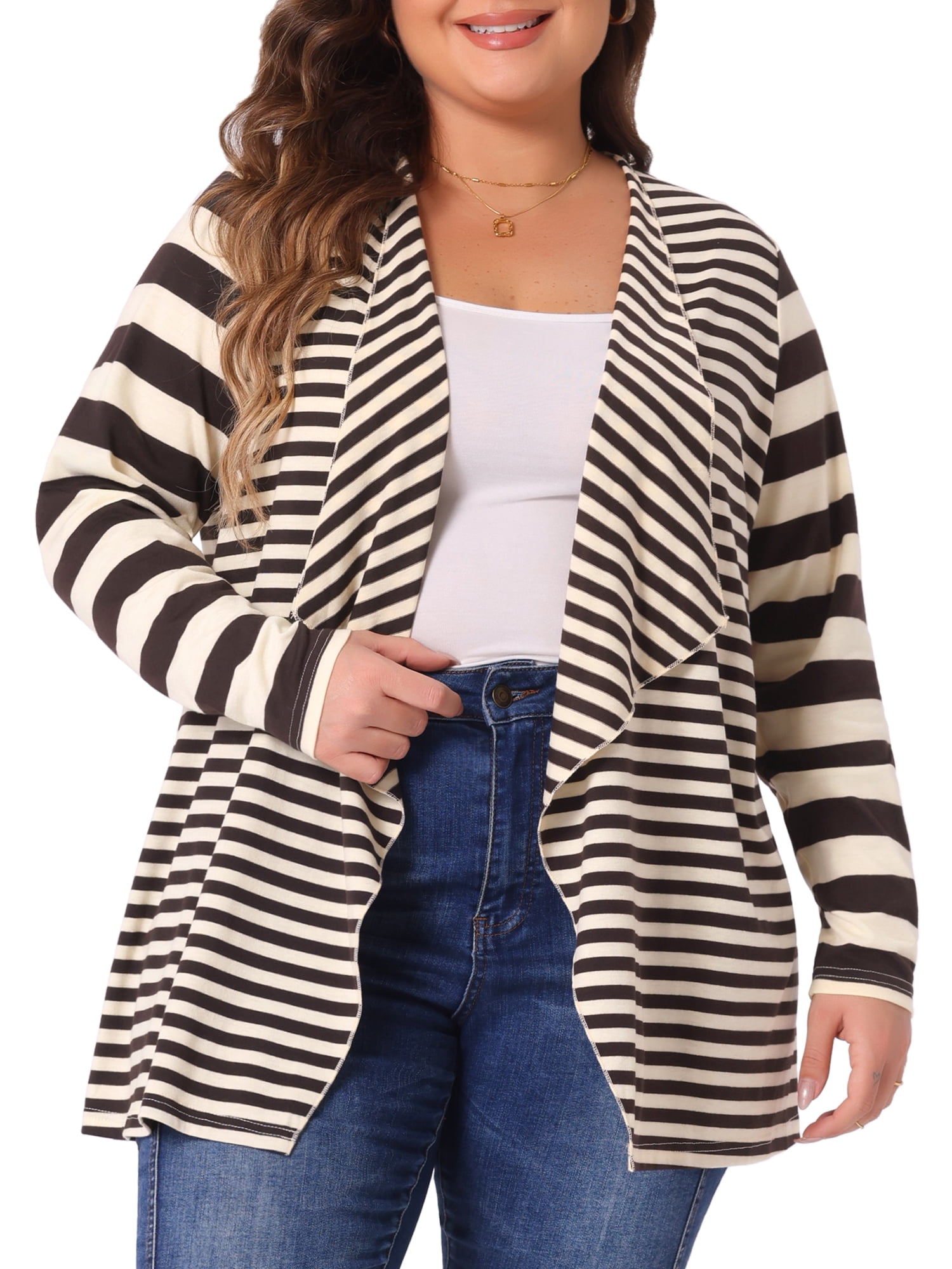 Unique Bargains Women's Plus Size Open Front Striped Mixed Cardigan 2X Brown