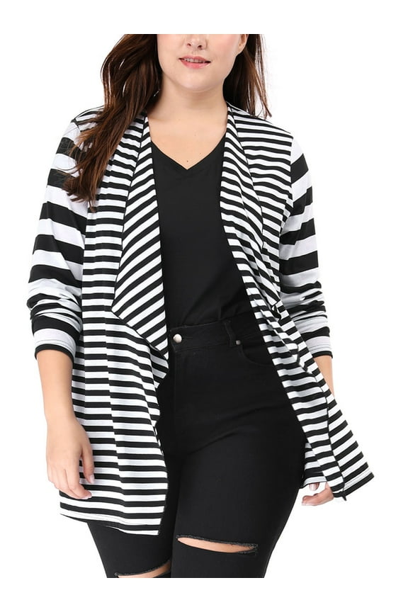 Women's Plus Size Open Front Striped Mixed Cardigan 1X Black