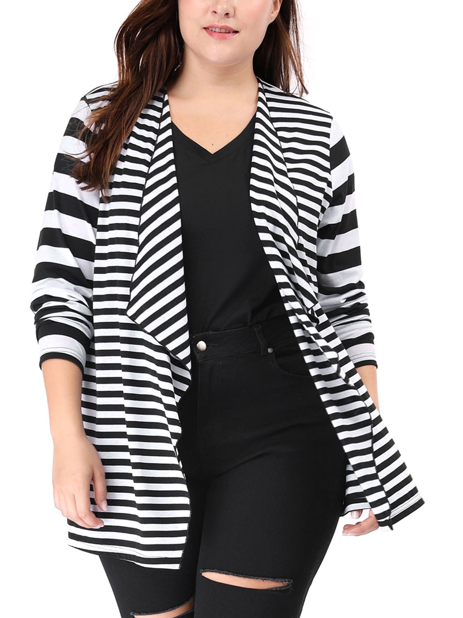Unique Bargains Women's Plus Size Open Front Striped Mixed Cardigan 4X Black