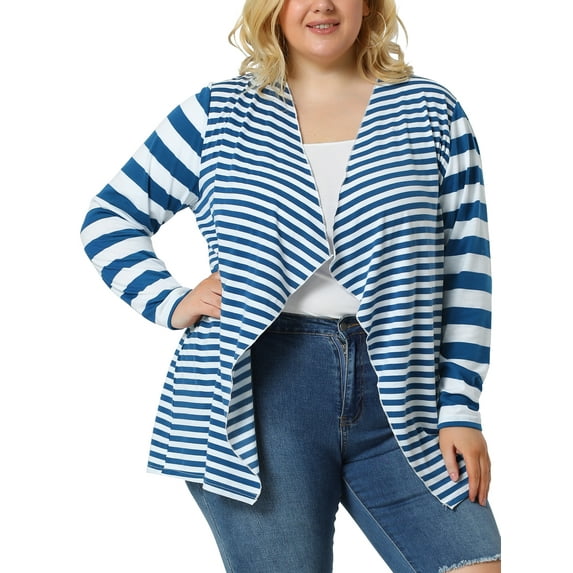 Unique Bargains Women's Plus Size Open Front Striped Mixed Cardigan