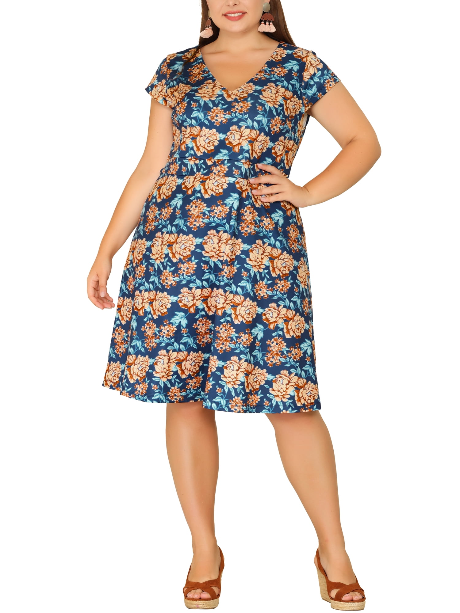 Deena White Blue Floral Plus Size V-neck Dress With Waistband