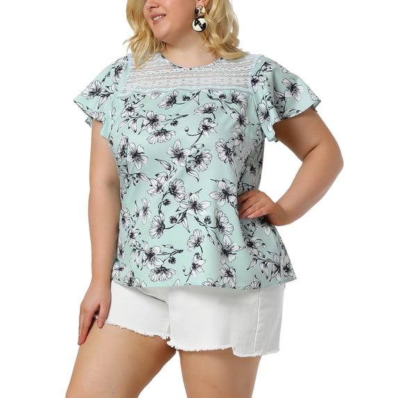 Unique Bargains Women's Plus Size Flared Sleeves Lace Panel Floral Tee 1X Lake Blue