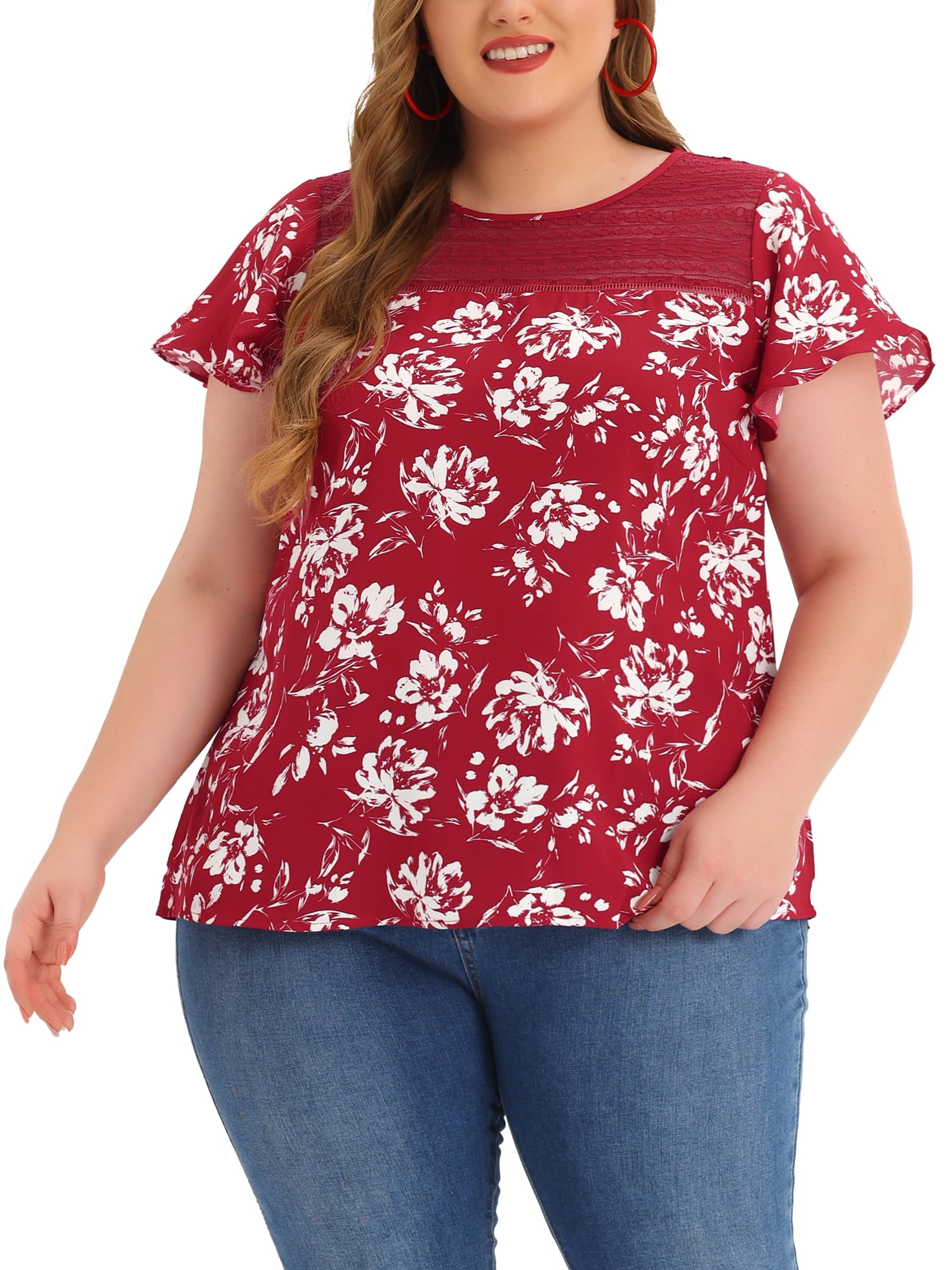 Unique Bargains Women's Plus Size Flared Sleeves Lace Panel Floral Tee 4X Burgundy