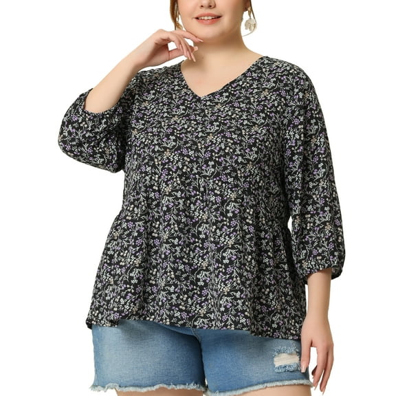 Unique Bargains Women's Plus Size Outfits Fashion Floral Ruffle Flowy Babydoll Blouse