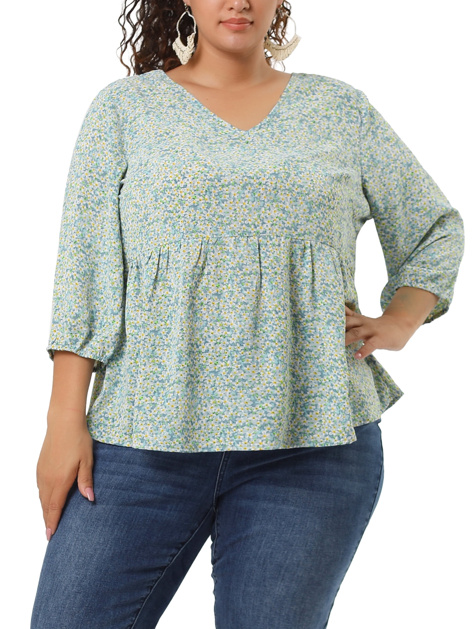 Unique Bargains Women's Plus Size V Neck Flowy 3/4 Sleeve Floral Blouse 4X Light Blue