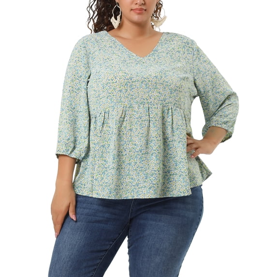 DARING DIVA Women's Plus Size V Neck Flowy 3/4 Sleeve Floral Blouse 2X Light Blue