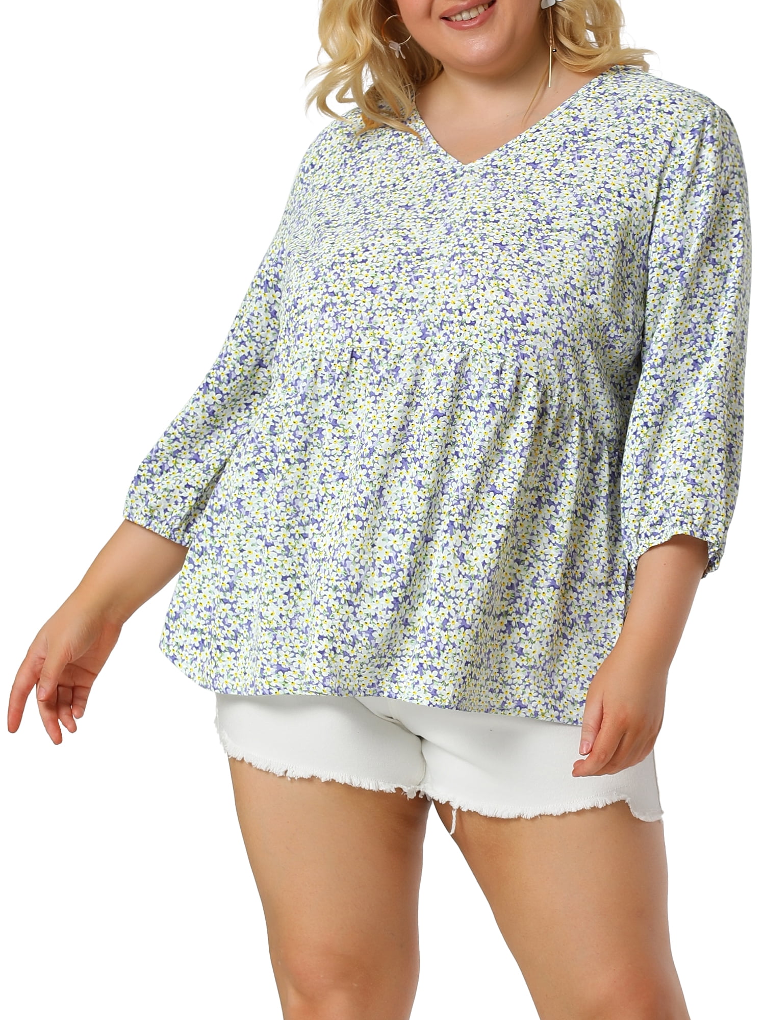 Unique Bargains Women's Plus Size V Neck Flowy 3/4 Sleeve Floral Blouse 4X Lavender