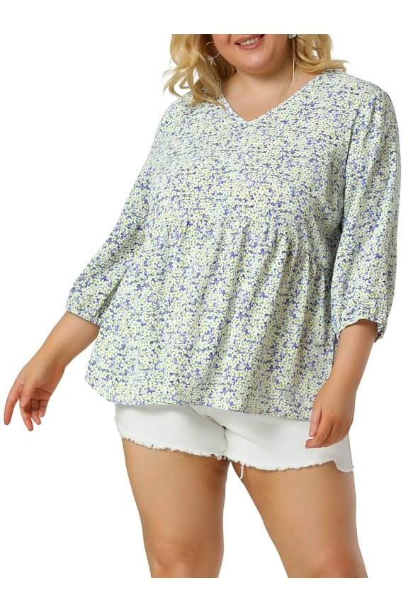 Women's Plus Size Outfits Fashion Floral Ruffle Flowy Babydoll Blouse