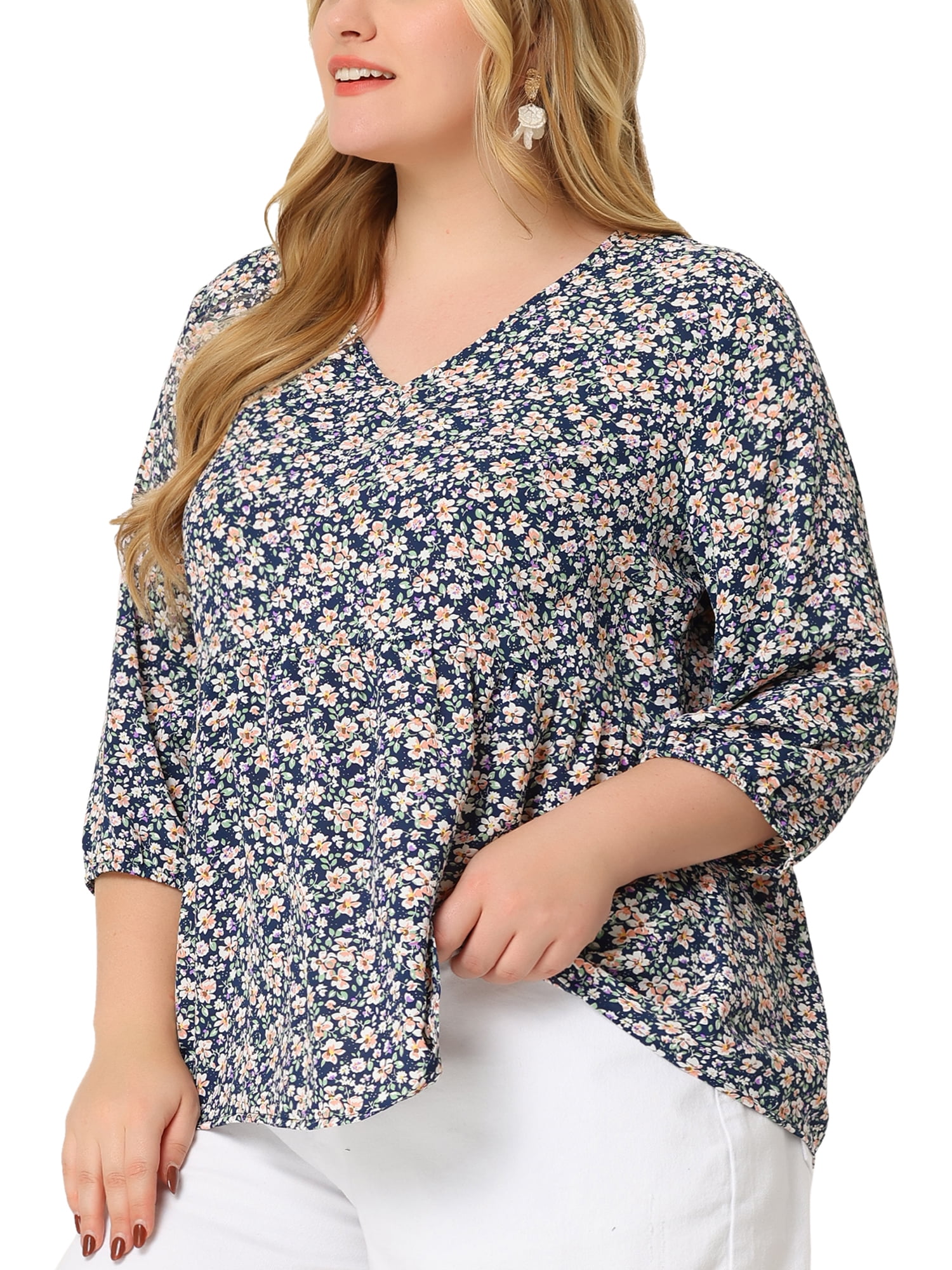 Unique Bargains Women's Plus Size V Neck Flowy 3/4 Sleeve Floral Blouse 3X Navy Blue