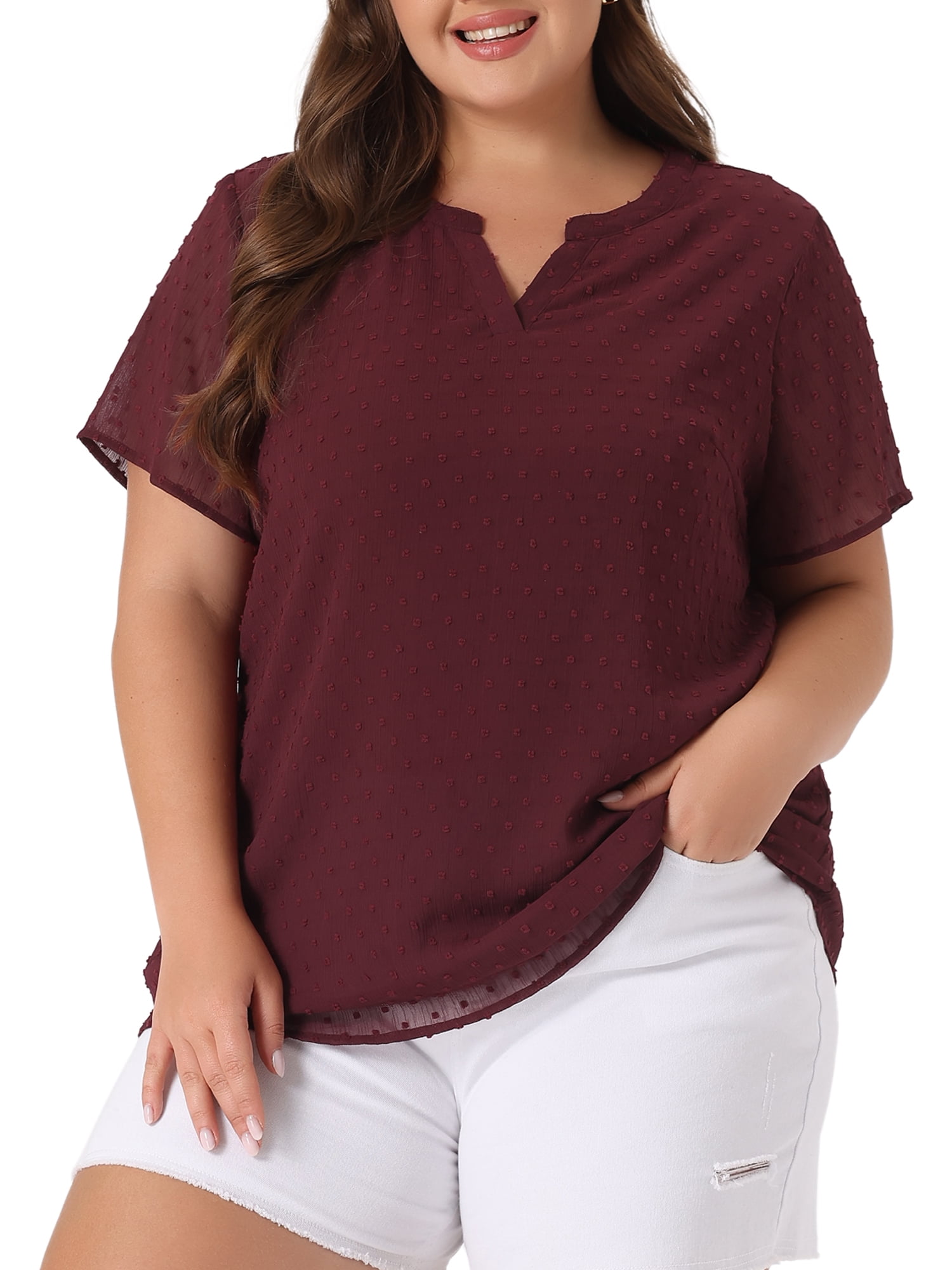 Unique Bargains Women's Plus Size Outfits Fashion Solid Pin Dots V Neck Top 1X Burgundy