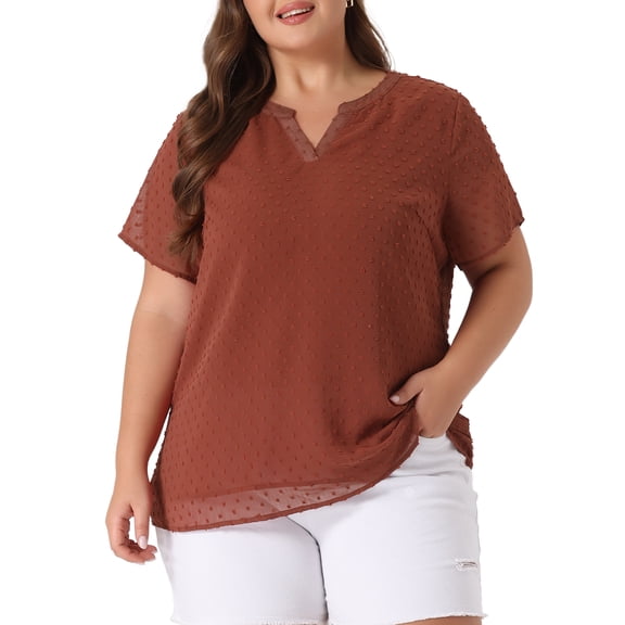 Unique Bargains Women's Plus Size Outfits Fashion Solid Pin Dots V Neck Top 1X Caramel