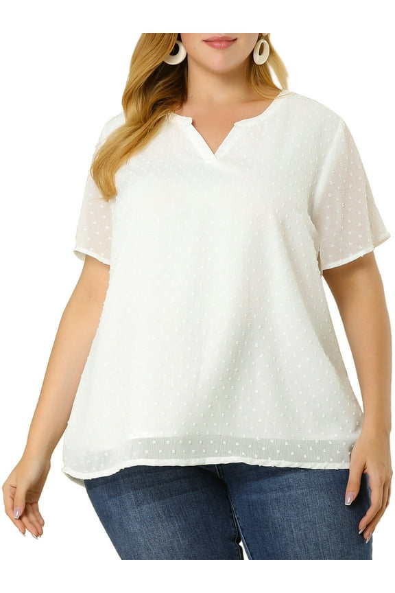 Women's Plus Size Outfits Fashion Solid Pin Dots V Neck Top 1X White