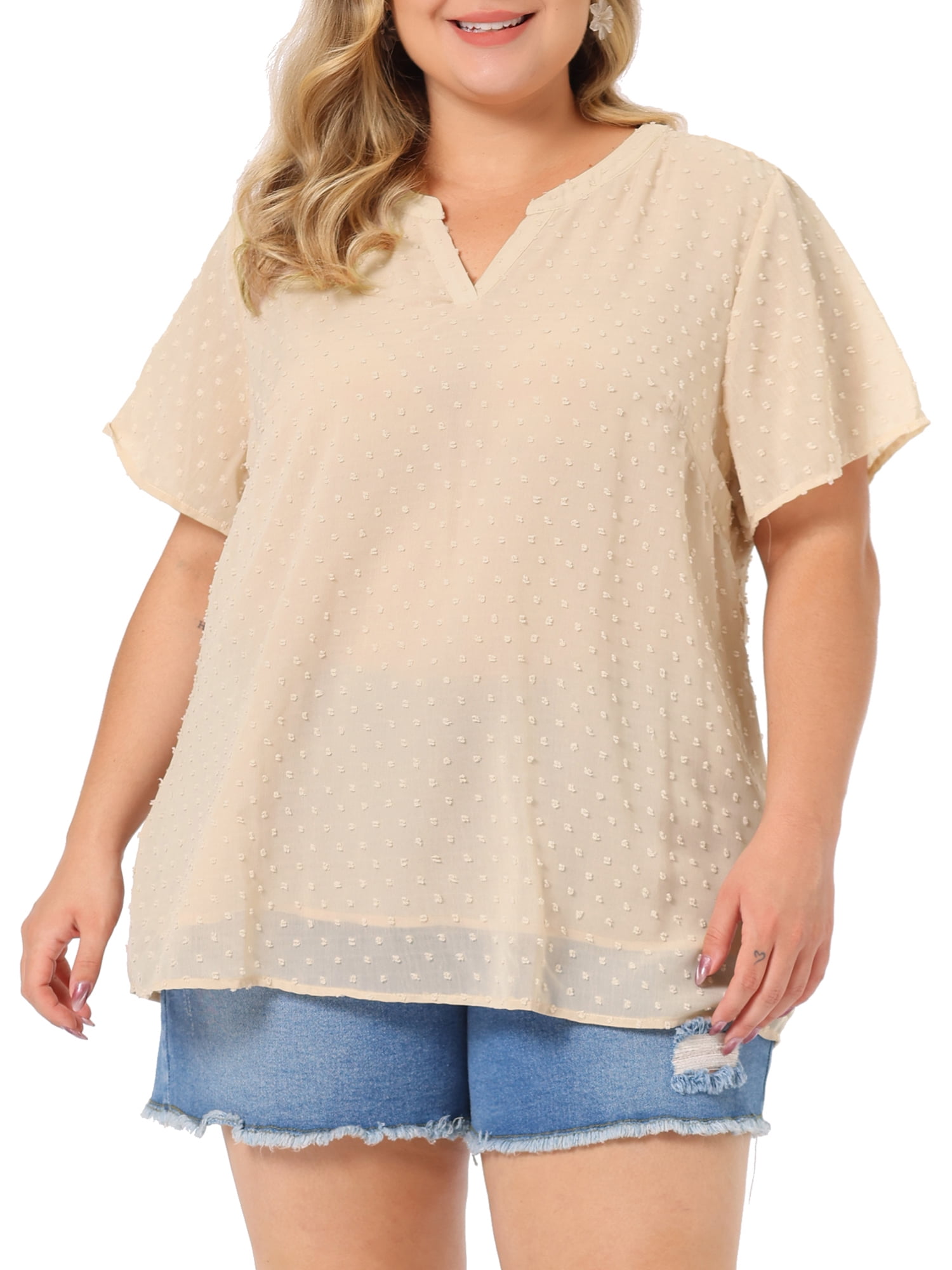 Unique Bargains Women's Plus Size Outfits Fashion Solid Pin Dots V Neck Top 2X Beige