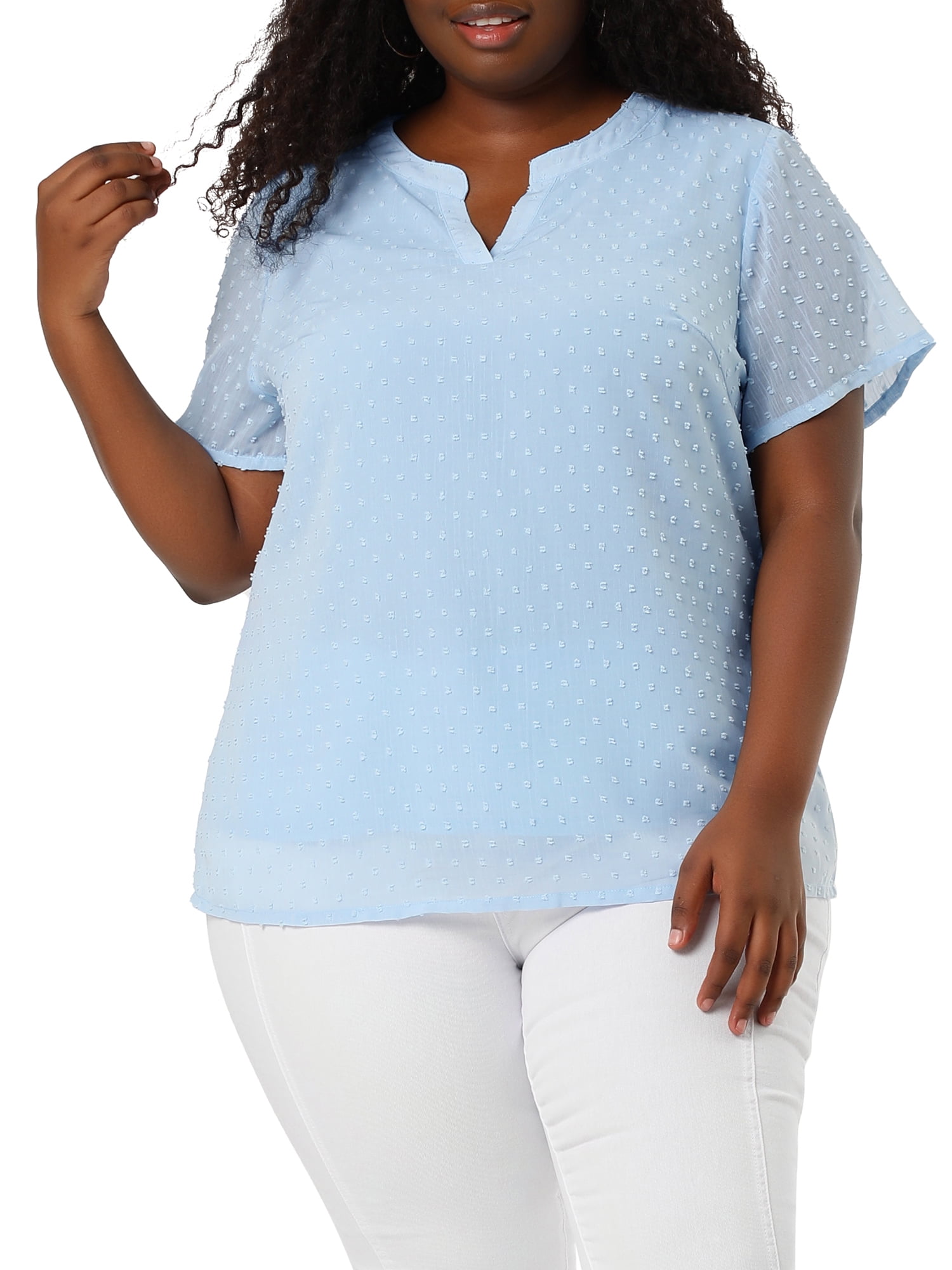 Unique Bargains Women's Plus Size Outfits Fashion Solid Pin Dots V Neck Top 2X Blue